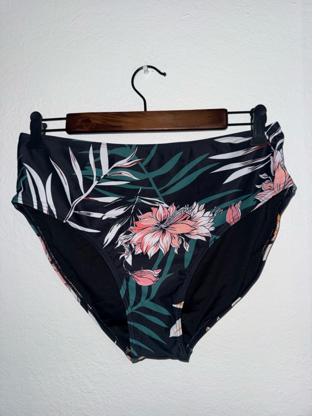 High Waist Tropical Floral Bikini Bottoms - Black with Pink & Green